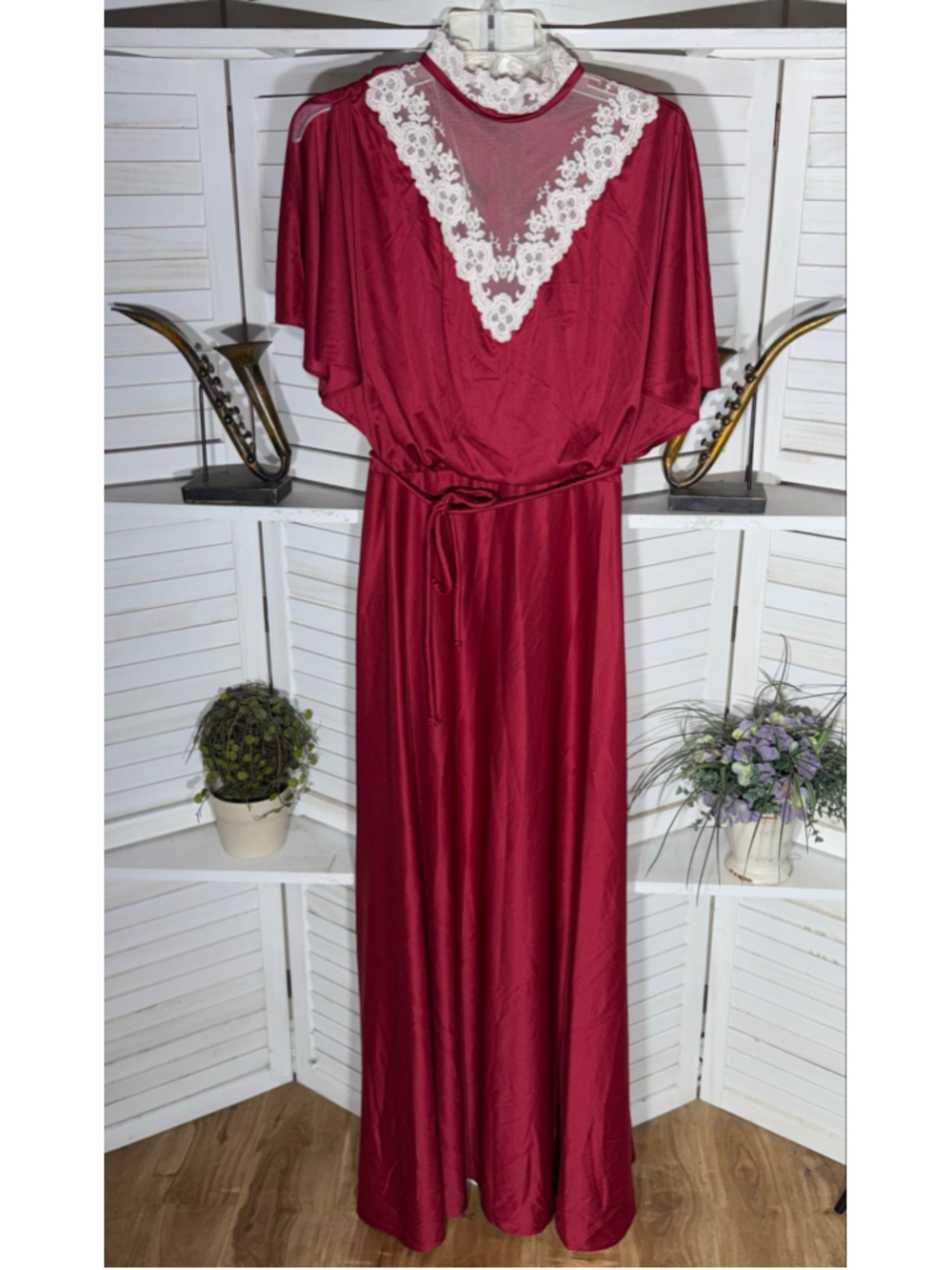 Vintage 70s maxi dress sheer lace neck flutter sleeves Greek Goddess Ren Fair L